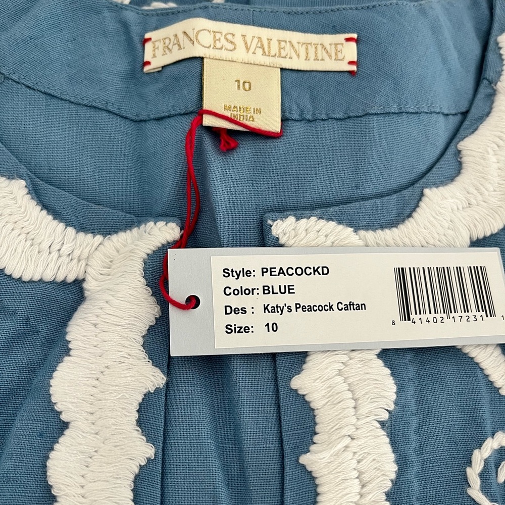 Frances Valentine Blue and White Peacock Caftan Embroidered Dress - Picture 6 of 6